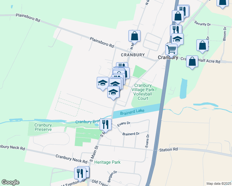 map of restaurants, bars, coffee shops, grocery stores, and more near 33 North Main Street in Cranbury