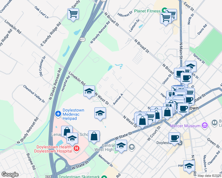 map of restaurants, bars, coffee shops, grocery stores, and more near 243 Hastings Court in Doylestown