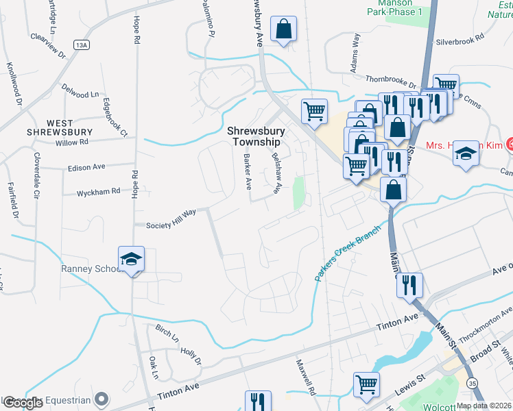 map of restaurants, bars, coffee shops, grocery stores, and more near 121 Belshaw Avenue in Eatontown