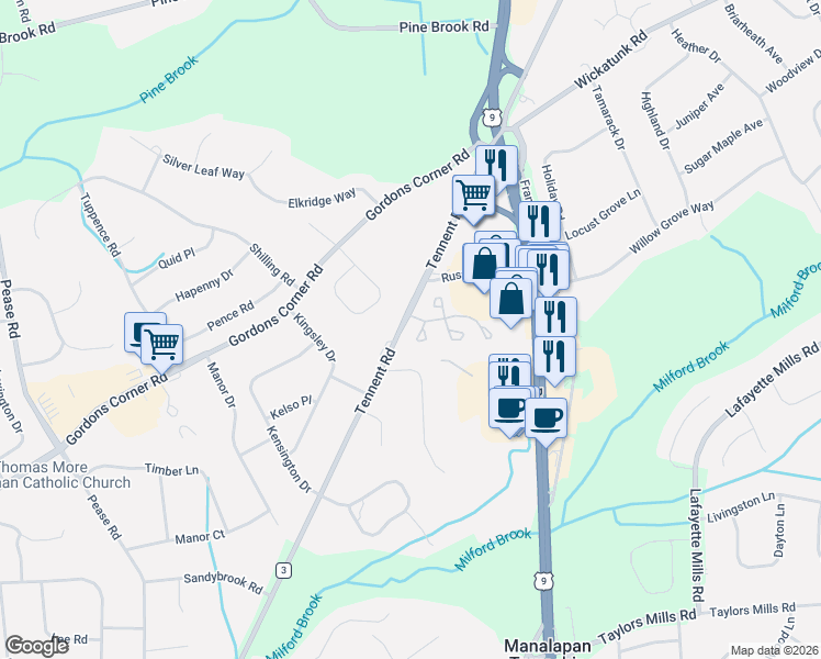 map of restaurants, bars, coffee shops, grocery stores, and more near 434 Hampton Court in Manalapan Township