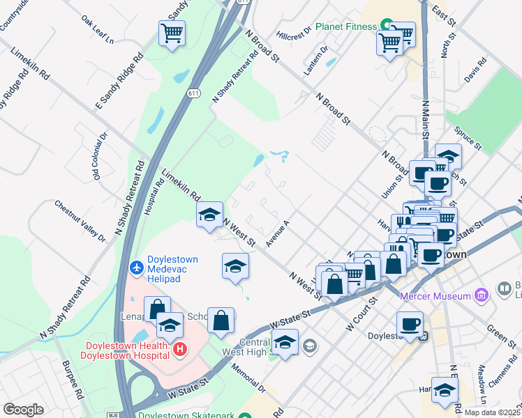 map of restaurants, bars, coffee shops, grocery stores, and more near 243 Hastings Court in Doylestown