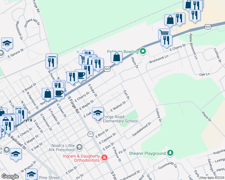 map of restaurants, bars, coffee shops, grocery stores, and more near 959 East Maple Street in Palmyra