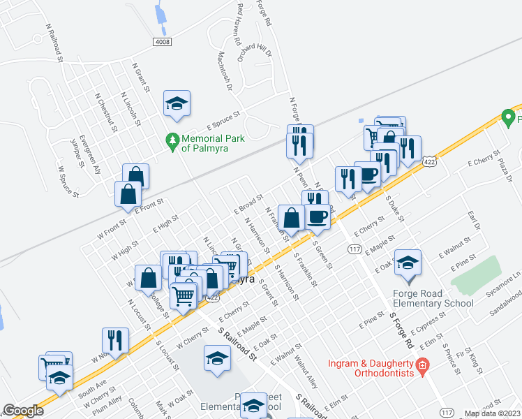 map of restaurants, bars, coffee shops, grocery stores, and more near 151 North Franklin Street in Palmyra