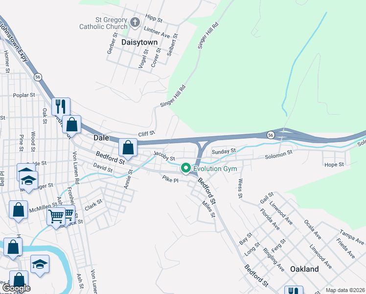 map of restaurants, bars, coffee shops, grocery stores, and more near 13 Campbell Avenue in Johnstown