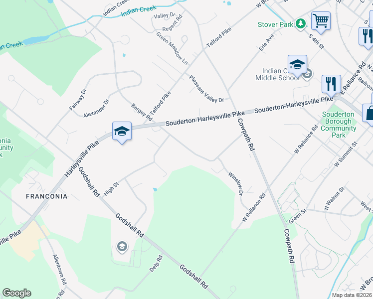 map of restaurants, bars, coffee shops, grocery stores, and more near 478 Smokepipe Road in Souderton