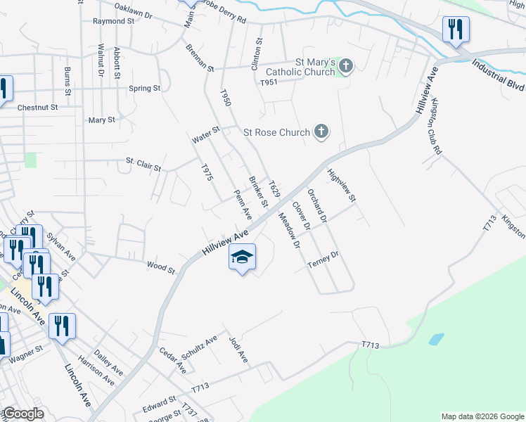 map of restaurants, bars, coffee shops, grocery stores, and more near 33 Penn Avenue in Latrobe