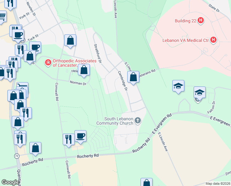map of restaurants, bars, coffee shops, grocery stores, and more near 1617 Cambridge Drive in Lebanon