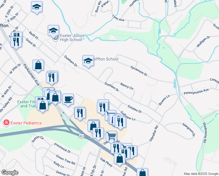 map of restaurants, bars, coffee shops, grocery stores, and more near 4660 Dunham Drive in Reading