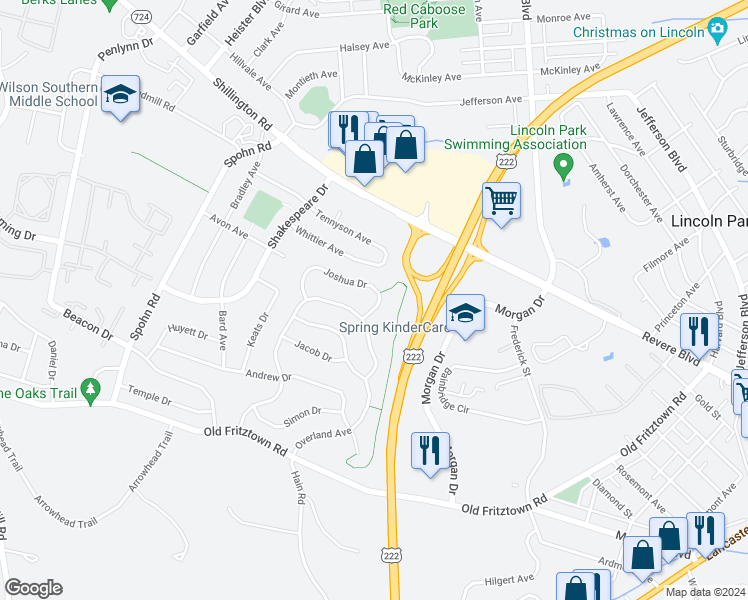 map of restaurants, bars, coffee shops, grocery stores, and more near 2504 Joshua Drive in Sinking Spring