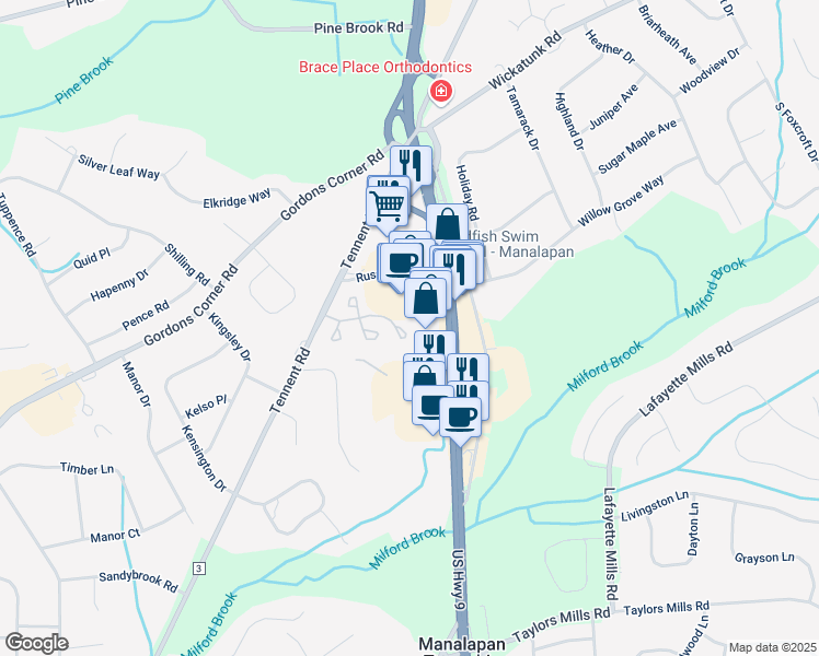 map of restaurants, bars, coffee shops, grocery stores, and more near 322 Towne Drive in Manalapan Township