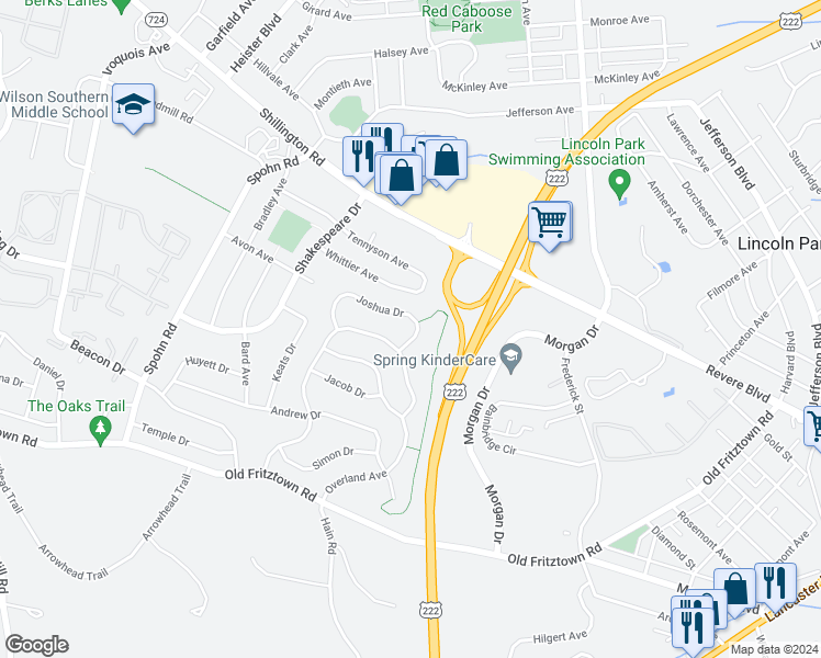 map of restaurants, bars, coffee shops, grocery stores, and more near 2504 Joshua Drive in Sinking Spring