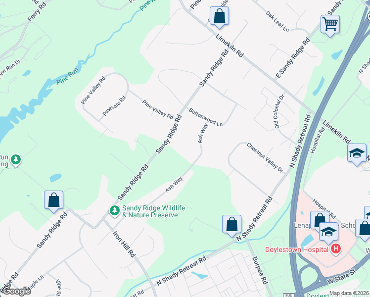 map of restaurants, bars, coffee shops, grocery stores, and more near 537 West Sandy Ridge Road in Doylestown