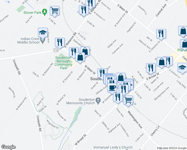 map of restaurants, bars, coffee shops, grocery stores, and more near 228 North Main Street in Souderton