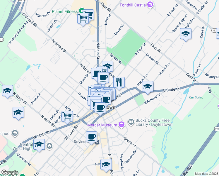 map of restaurants, bars, coffee shops, grocery stores, and more near 90 West Court Street in Doylestown