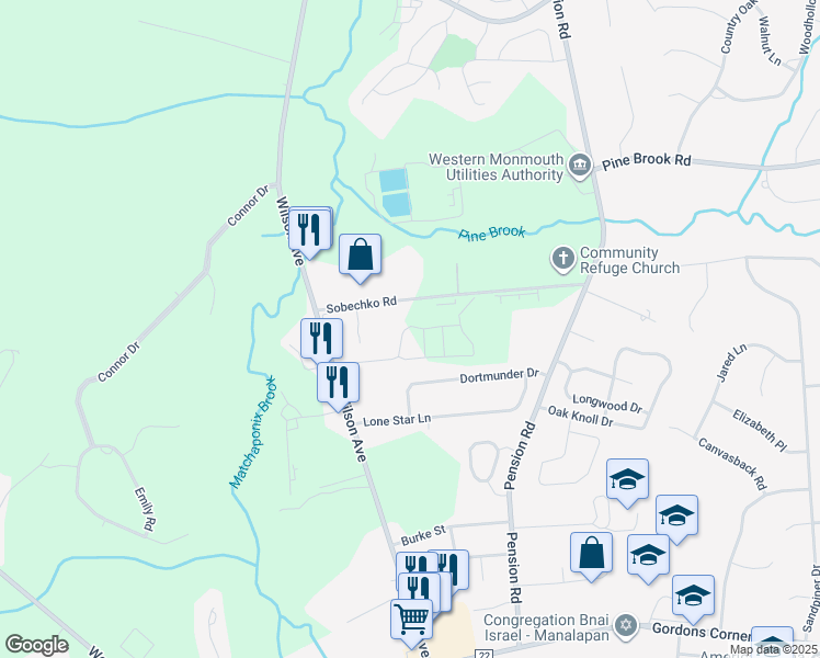 map of restaurants, bars, coffee shops, grocery stores, and more near 28 Sobechko Road in Manalapan Township