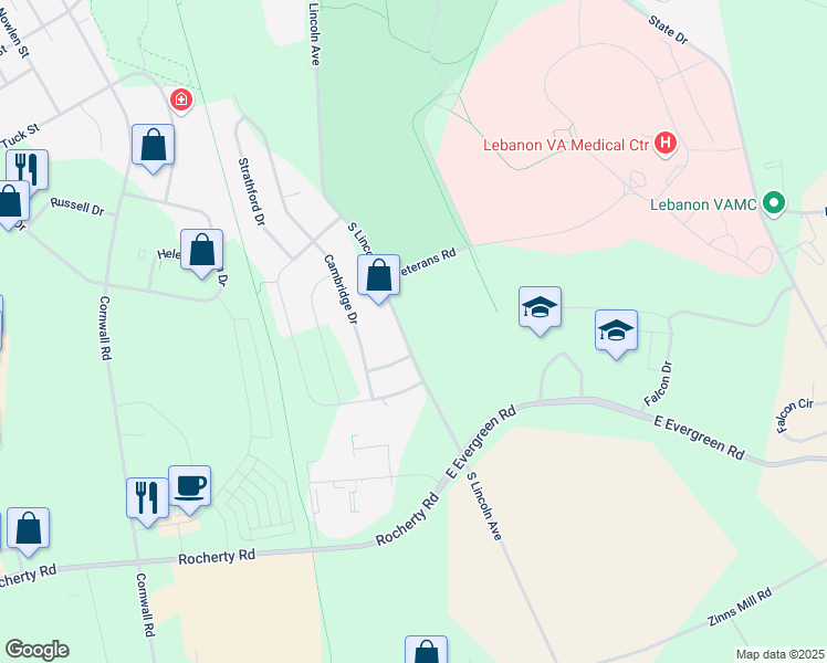 map of restaurants, bars, coffee shops, grocery stores, and more near 13 Evergreen Road in Lebanon