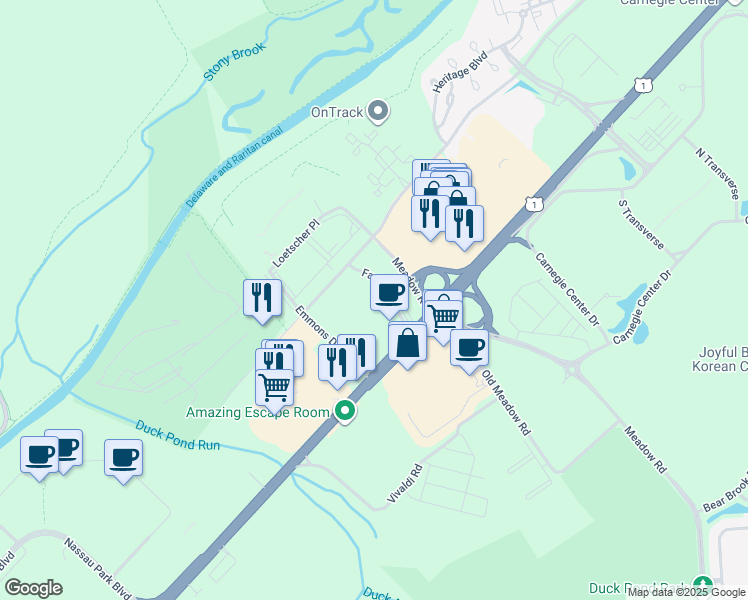 map of restaurants, bars, coffee shops, grocery stores, and more near 16 Farber Road in Princeton