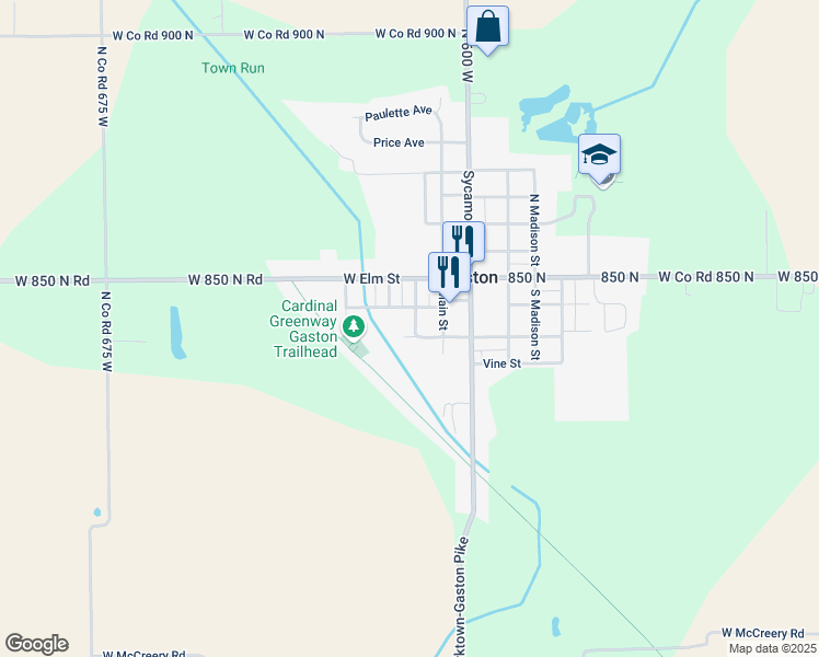 map of restaurants, bars, coffee shops, grocery stores, and more near 205 South Center Street in Gaston