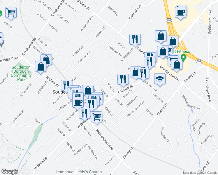 map of restaurants, bars, coffee shops, grocery stores, and more near 38 North 4th Street in Souderton