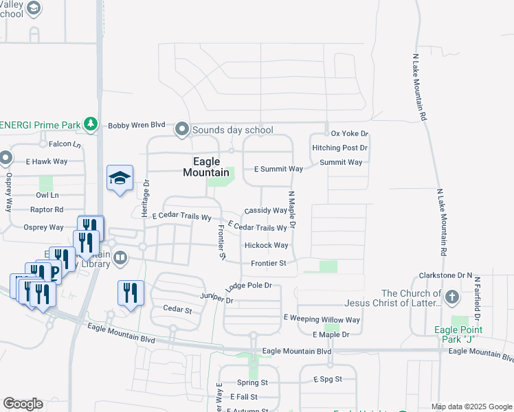 map of restaurants, bars, coffee shops, grocery stores, and more near 2095 Cassidy Way in Eagle Mountain