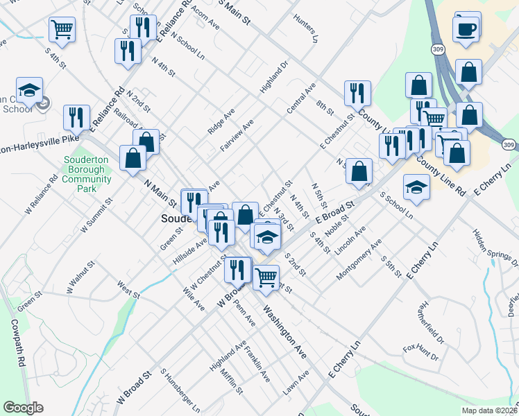 map of restaurants, bars, coffee shops, grocery stores, and more near 272 North 2nd Street in Souderton