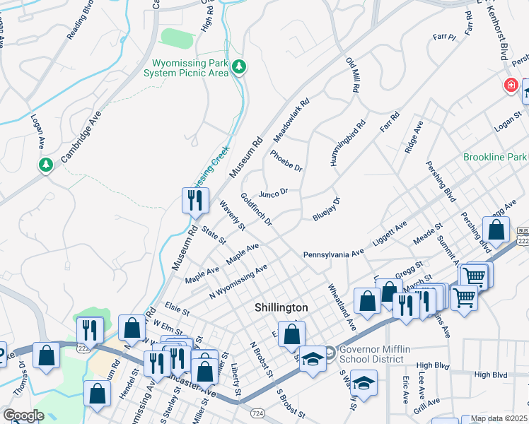 map of restaurants, bars, coffee shops, grocery stores, and more near 17 Goldfinch Drive in Wyomissing