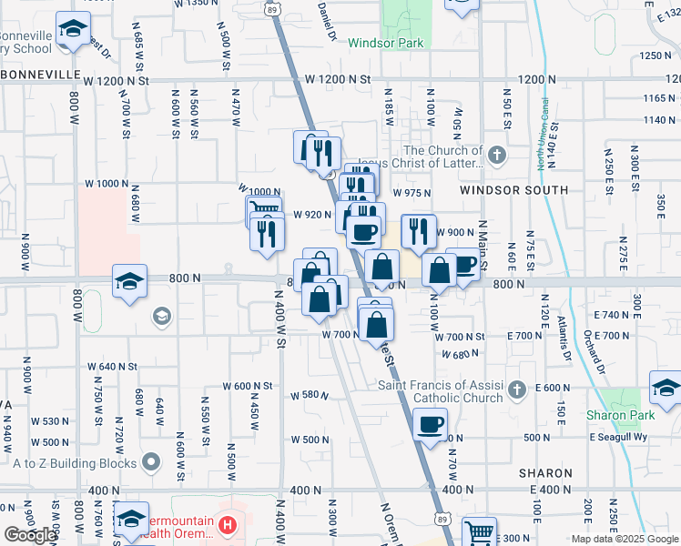 map of restaurants, bars, coffee shops, grocery stores, and more near 845 North State Street in Orem