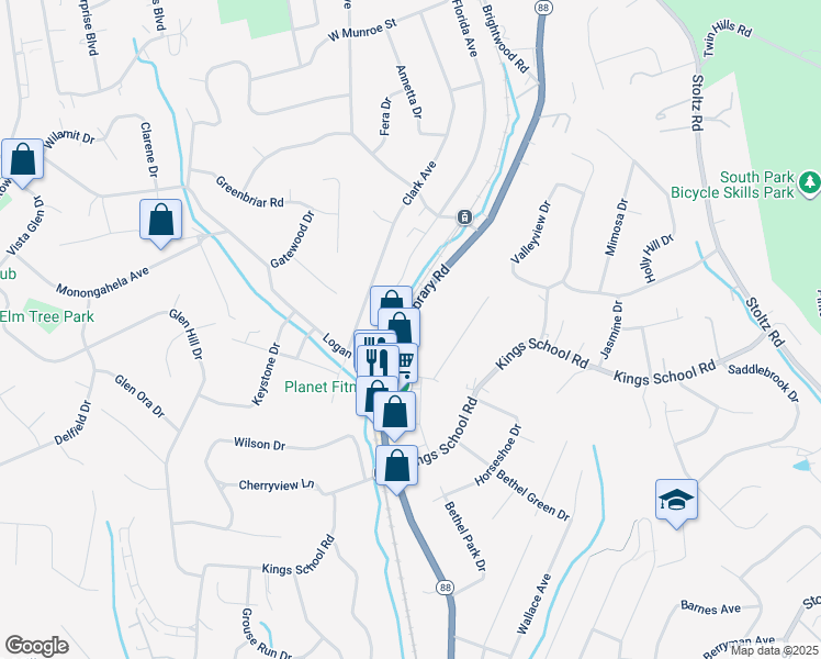 map of restaurants, bars, coffee shops, grocery stores, and more near 5761 Library Road in Bethel Park