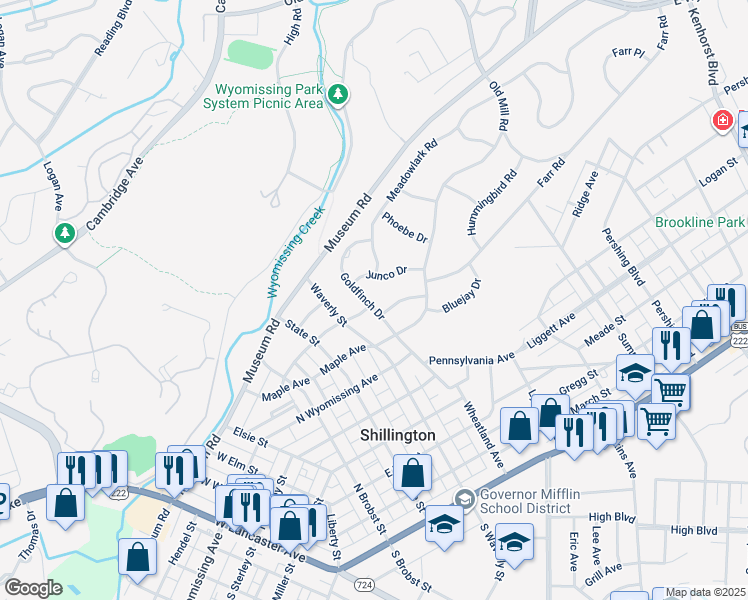 map of restaurants, bars, coffee shops, grocery stores, and more near 17 Goldfinch Drive in Wyomissing