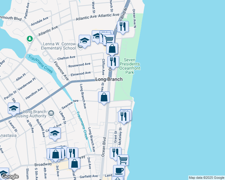map of restaurants, bars, coffee shops, grocery stores, and more near 200 Ocean Boulevard in Long Branch