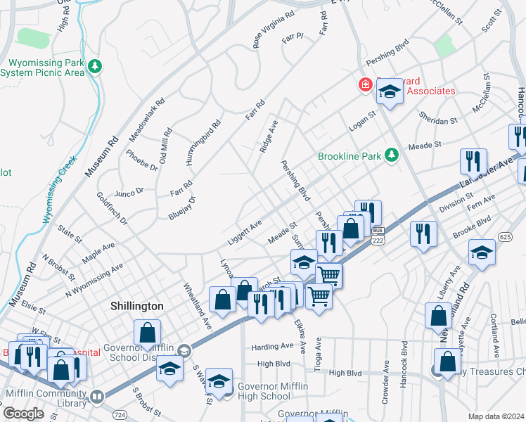 map of restaurants, bars, coffee shops, grocery stores, and more near 409 Hill Circle in Reading