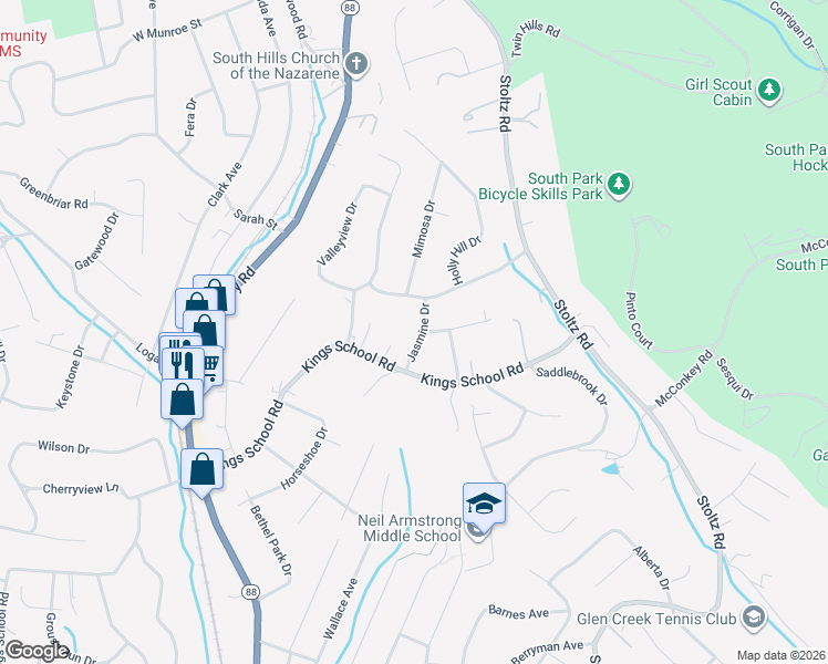 map of restaurants, bars, coffee shops, grocery stores, and more near 5662 Kings School Road in Bethel Park