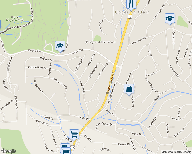 map of restaurants, bars, coffee shops, grocery stores, and more near 2636 Thorntree Drive in Pittsburgh