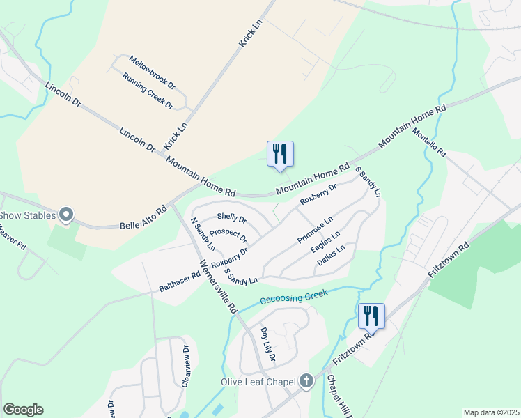 map of restaurants, bars, coffee shops, grocery stores, and more near 228 North Sandy Lane in Sinking Spring