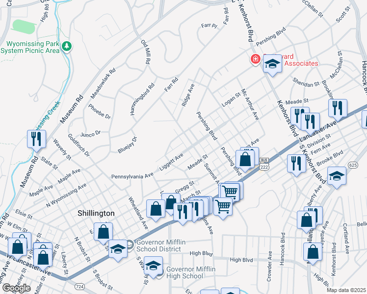 map of restaurants, bars, coffee shops, grocery stores, and more near 409 Hill Circle in Reading