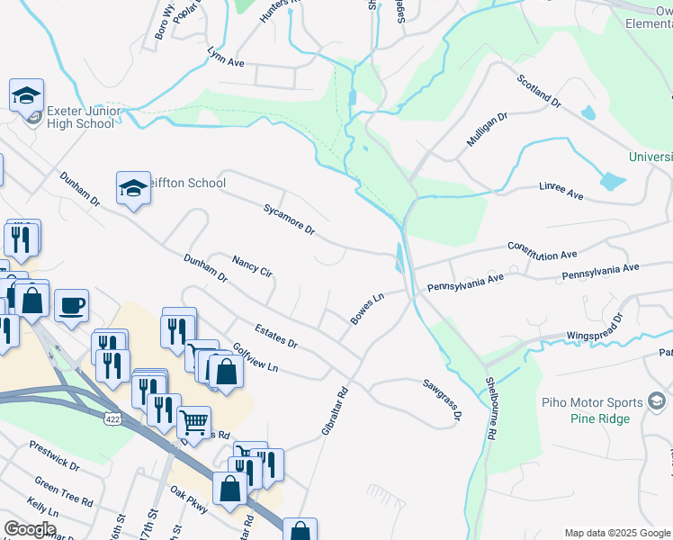 map of restaurants, bars, coffee shops, grocery stores, and more near 8 Calkins Drive in Reading