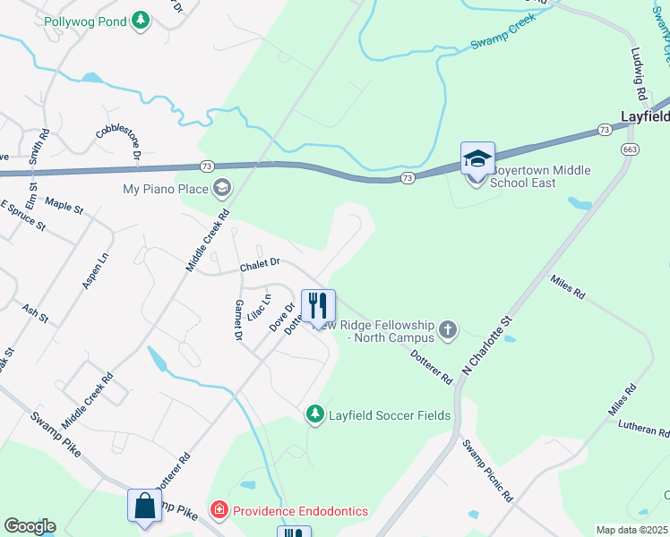 map of restaurants, bars, coffee shops, grocery stores, and more near 104 Wrenfield Lane in Gilbertsville