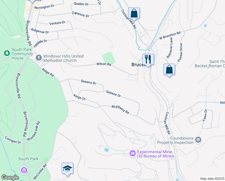 map of restaurants, bars, coffee shops, grocery stores, and more near 1700 Queens Drive in South Park Township
