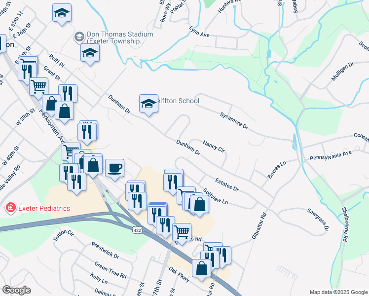 map of restaurants, bars, coffee shops, grocery stores, and more near 4660 Dunham Drive in Reading