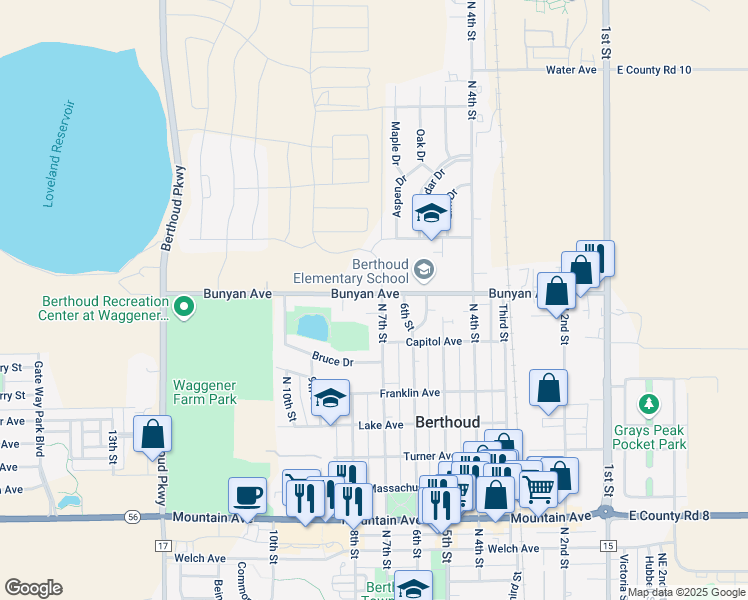 map of restaurants, bars, coffee shops, grocery stores, and more near 710 Bunyan Avenue in Berthoud