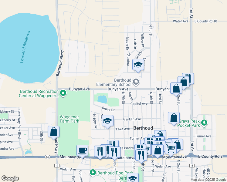 map of restaurants, bars, coffee shops, grocery stores, and more near 740 Bunyan Court in Berthoud
