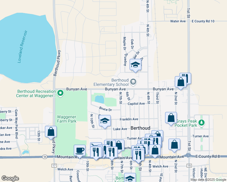 map of restaurants, bars, coffee shops, grocery stores, and more near 740 Bunyan Court in Berthoud