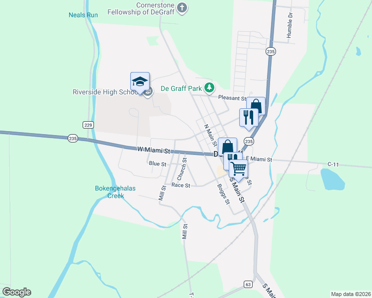 map of restaurants, bars, coffee shops, grocery stores, and more near 212 West Miami Street in De Graff