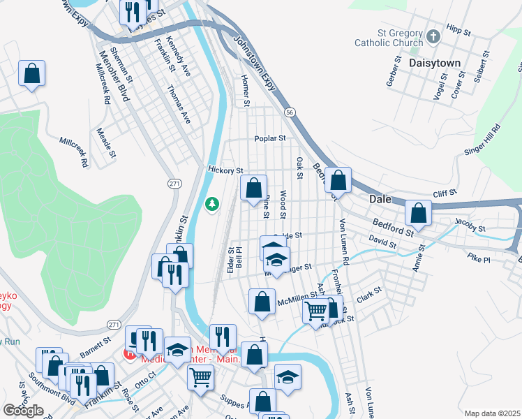 map of restaurants, bars, coffee shops, grocery stores, and more near 503-505 Horner Street in Johnstown