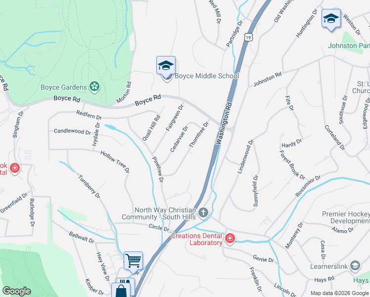 map of restaurants, bars, coffee shops, grocery stores, and more near 2636 Thorntree Drive in Pittsburgh