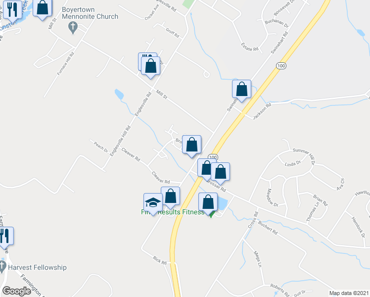map of restaurants, bars, coffee shops, grocery stores, and more near 79 Brookside Court in Boyertown