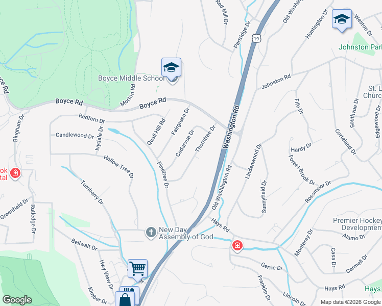map of restaurants, bars, coffee shops, grocery stores, and more near 2640 Thorntree Drive in Pittsburgh