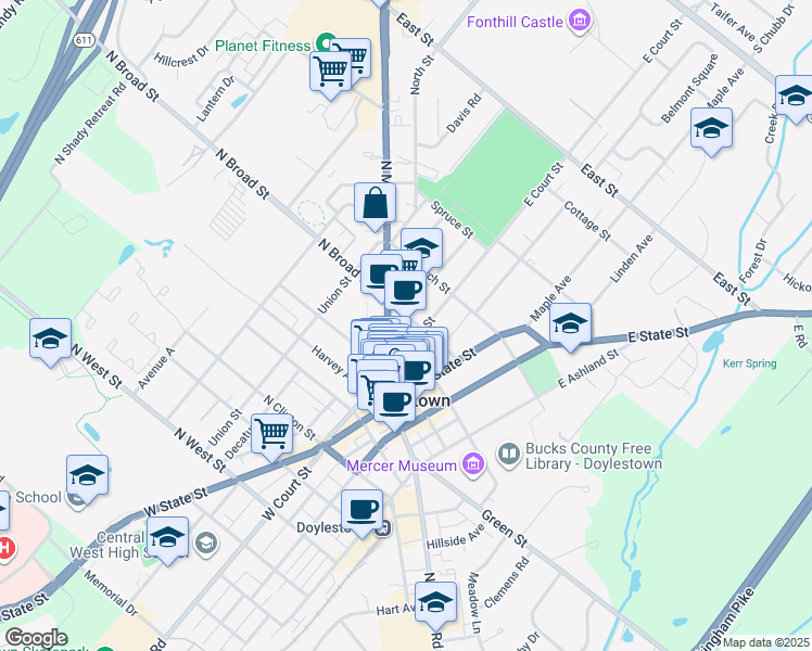 map of restaurants, bars, coffee shops, grocery stores, and more near 55 East Court Street in Doylestown