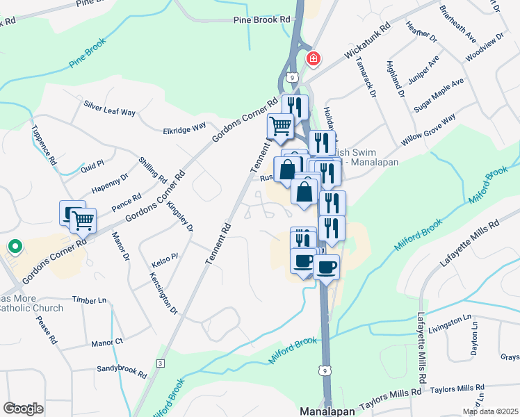 map of restaurants, bars, coffee shops, grocery stores, and more near 201 Paddington Court in Manalapan Township