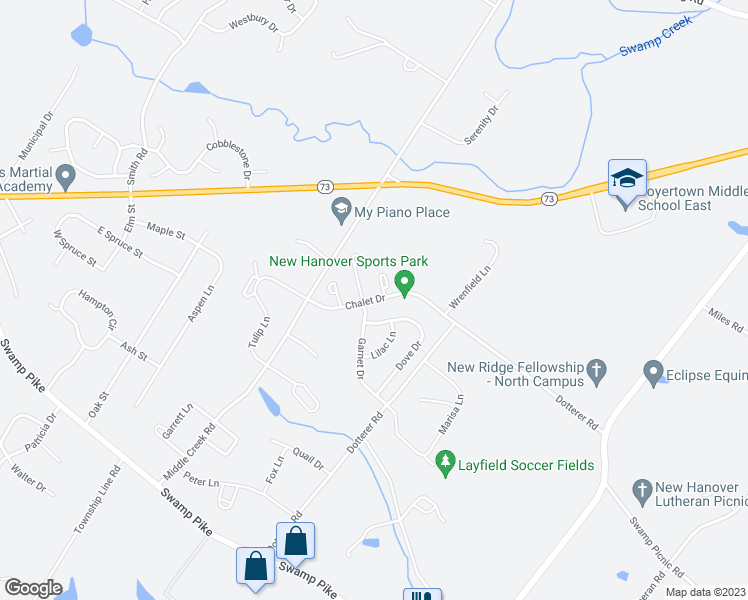 map of restaurants, bars, coffee shops, grocery stores, and more near Chalet Road in Gilbertsville